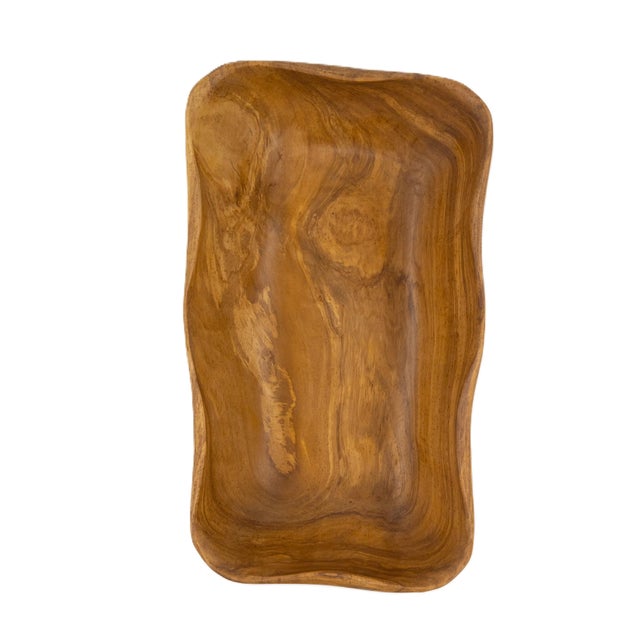 Mid-Century Modern Hand-Carved Peruvian Olive Wood 15.75"l Serving Bowl With Beautiful Sculpted Rim For Sale - Image 3 of 11