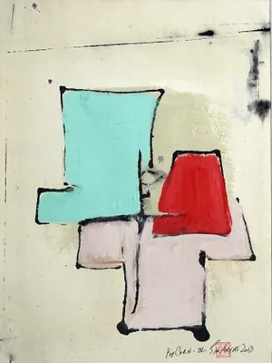 Popcorn.V Framed Abstract Red & Blue Minimal Painting