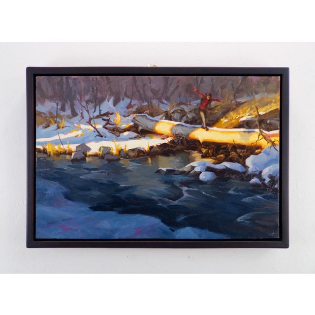 Contemporary Reflection Point by Judd Mercer | Oil on Wood Panel Person walking on a log over a stream in winter. For Sale - Image 3 of 4