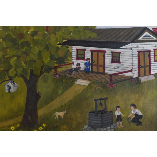 Folk Art 1970s Folk Art Farmhouse Landscape Scene Framed Oil on Canvas by H. Burger For Sale - Image 3 of 10