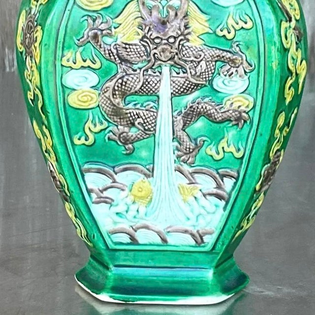 Kelly Green Vintage 1920s Asian Dragon Vase For Sale - Image 8 of 13