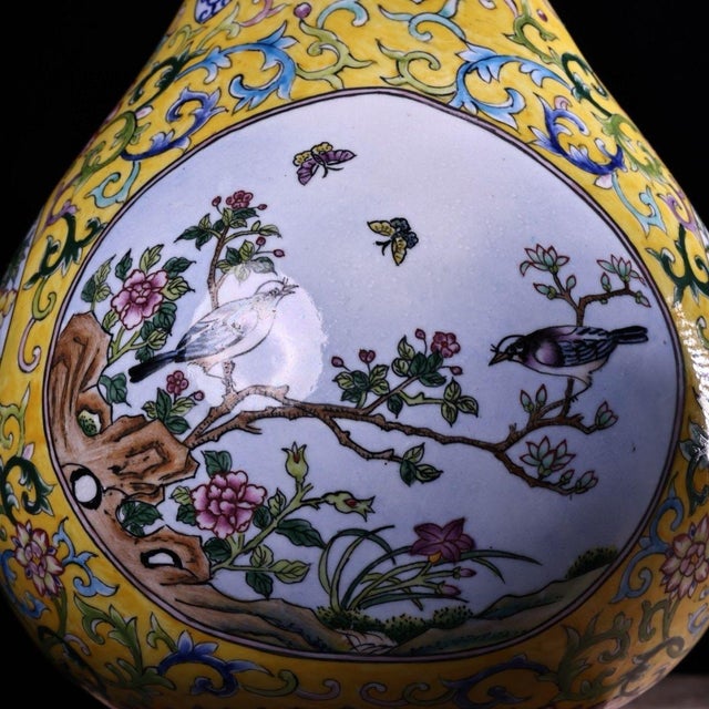 Metal Vintage Chinese Gilt Copper Enamel "Bird & Flower" Garlic-Mouth Vase - 1180g For Sale - Image 7 of 9