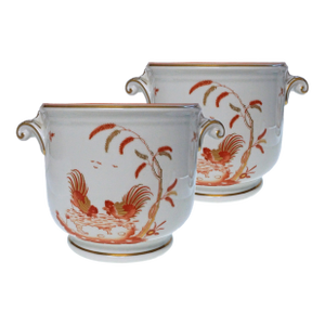Ginori Cachepot Red Rooster Siena Rust Pattern Orange & Gold - A Pair