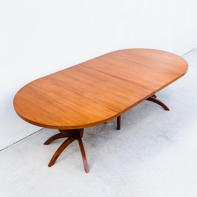 Monumental Mid Century Modern Expandable Pedestal Base Dining Table in Walnut For Sale - Image 13 of 15