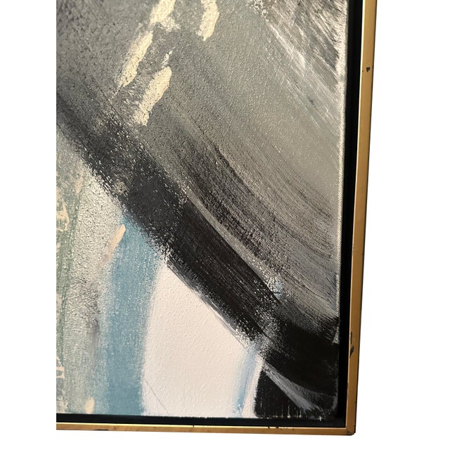 2010s Extra Large Blue and Tan Abstract Painting in Gold Float Frame For Sale - Image 5 of 8