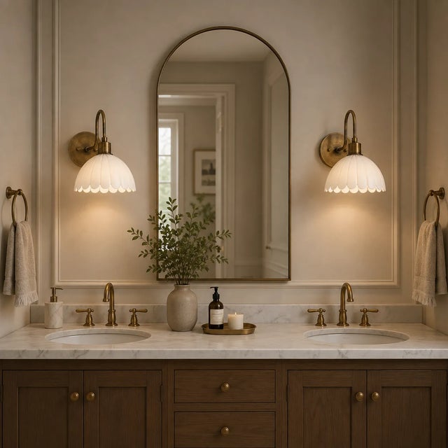 Contemporary Handcrafted Brass Wall Sconce With Scalloped Opal Glass Shade, Bedroom Wall Lamp For Sale - Image 3 of 8