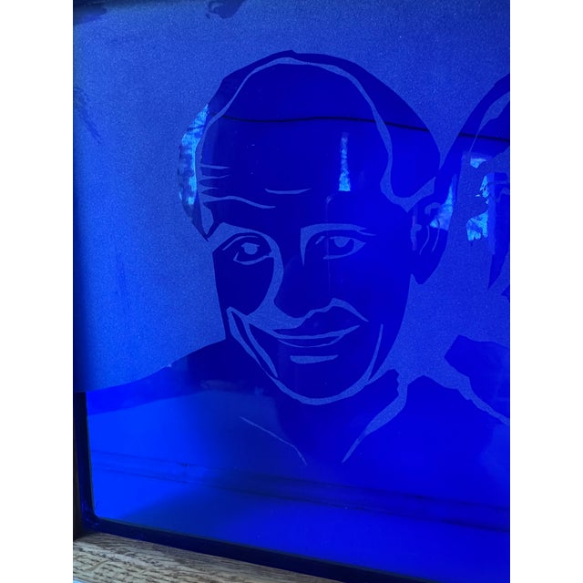 Vintage Cobalt Blue Etched Glass Panel in Solid Oak Frame For Sale - Image 4 of 7