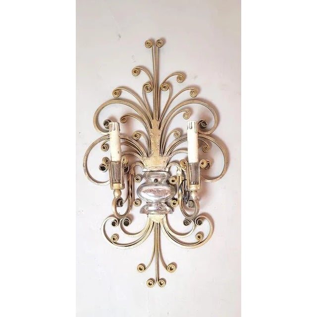 Wrought Iron and Silver Wall Lamp from Maison Baguès, 1950, Set of 2 For Sale - Image 4 of 10