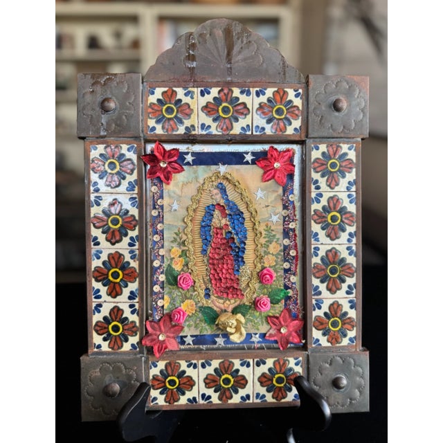 Mexican Large Mexican Folk Art Niche With Mission Style Tile and Pressed Copper Frame For Sale - Image 3 of 4