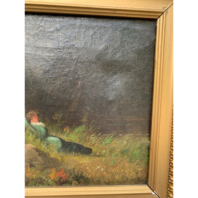 Antique Country Landscape With Three Ladies in a Carved Giltwood Frame For Sale - Image 13 of 17