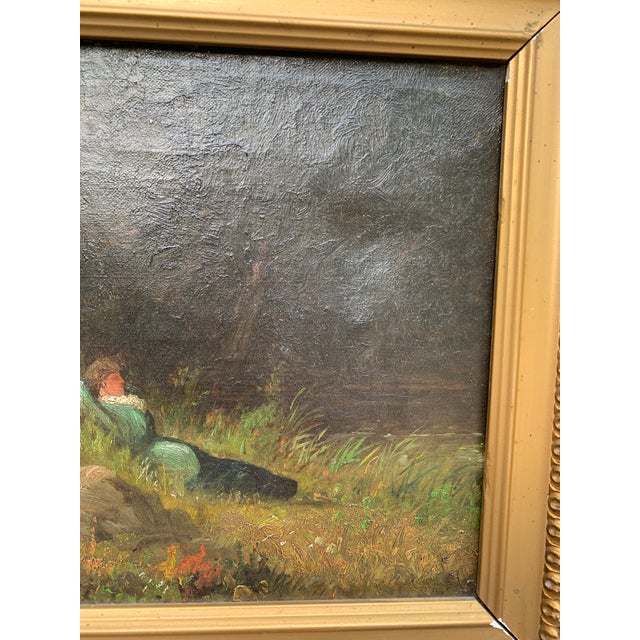 Antique Hand Painted Framed Oil on Canvas Ladies in a Landscape Painting For Sale - Image 12 of 16