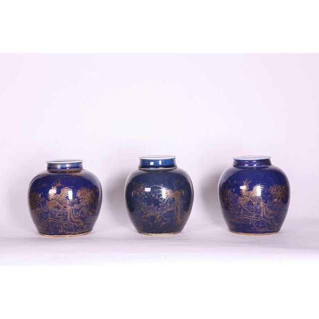 Ceramic Late-18th Century Chinese Blue-Glazed & Gilt Porcelain Ginger Jars, Set of 3 For Sale - Image 7 of 8