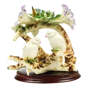 Vintage Italian Capodimonte Porcelain 2 Love Chickadee Birds Sitting on Tree Branch Figurine on Wooden Base