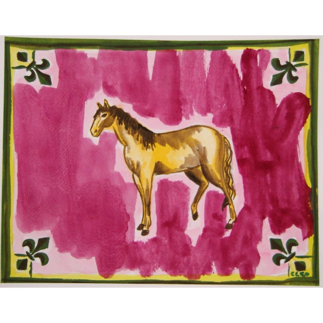 Abstract Horse Animal in Burgundy Olive Medieval Border Original Painting Cleo Plowden For Sale - Image 3 of 4