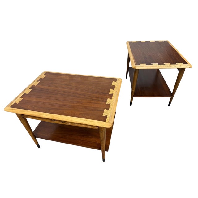 Bring home an icon of American mid-century design with this beautifully refinished pair of Lane Acclaim walnut side...