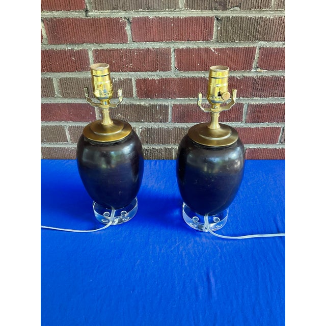 Asian Style Early 20th Century Pair Antique Japanese Bronze Vase Lamps With Lucite Bases For Sale - Image 4 of 10