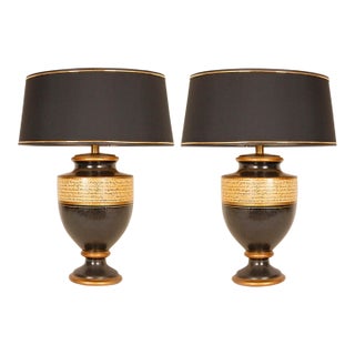 Vintage French Lamps Ceramic Baluster Vase Lamps Black Gold Cream - A Pair For Sale