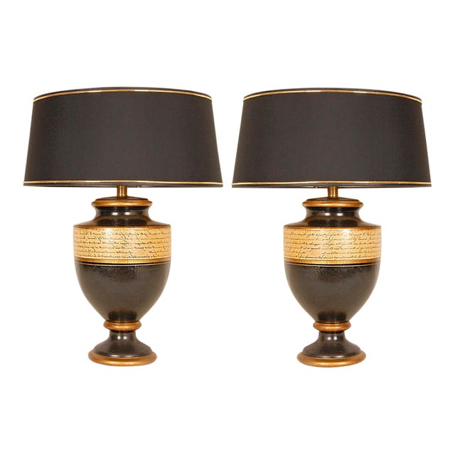 Vintage French Lamps Ceramic Baluster Vase Lamps Black Gold Cream - A Pair For Sale