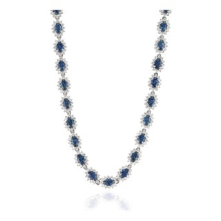 Estate Blue Sapphire Diamond Art Deco Tennis Necklace in 18k White Gold For Sale