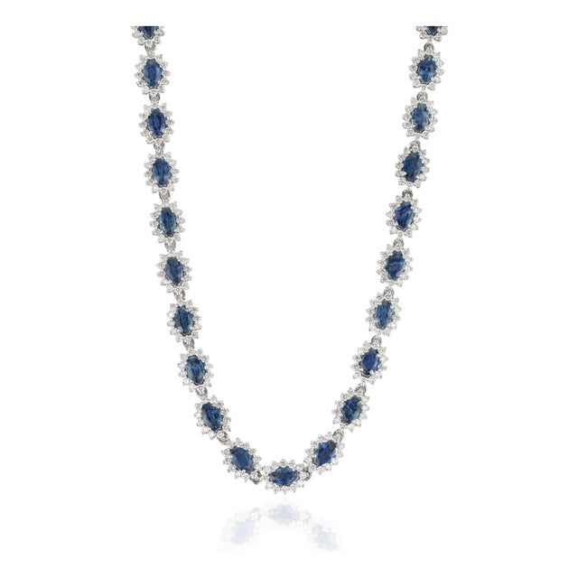 Estate Blue Sapphire Diamond Art Deco Tennis Necklace in 18k White Gold For Sale