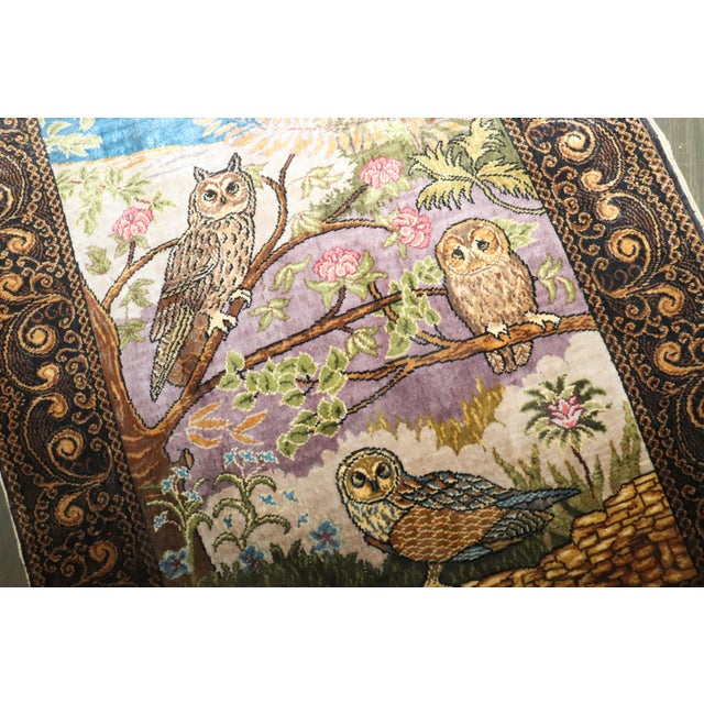 Zabihi Collection Signed Turkish Silk Herekeh Owl Rug For Sale - Image 4 of 9