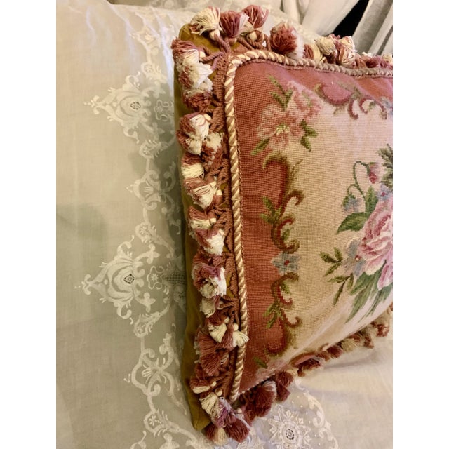 1980s Vintage Tapestry Floral Aubusson Wool Decorative Pillow With Tassels Trim Reversible to Solid Velvet 19” X 19” For Sale - Image 5 of 12
