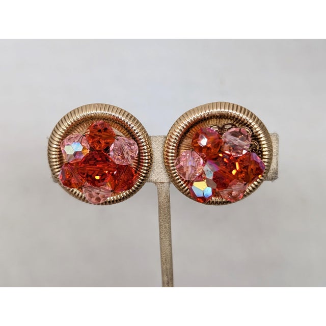 Mid-Century Modern Vintage Signed Napier Round Goldtone Red & Pink Beaded Clip Earrings-2 Pieces For Sale - Image 3 of 7