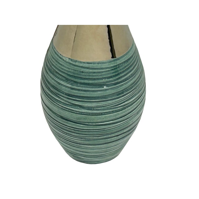 Ceramic Teal Green Metallic Silver Glaze Narrow Neck Ceramic Art Vase For Sale - Image 7 of 11