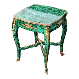 French Louis XV Style Side Table – Emerald Green Malachite-Inspired Finish With Gold Leaf & Ornate Bronze Details For Sale