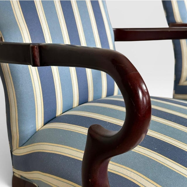 Pair of Vintage Upholstered Queen Anne Style Striped Armchairs With Shell Carving For Sale - Image 14 of 17