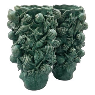 Pair of Mid-Century Italian Green Glazed Majolica Seashell Vases For Sale