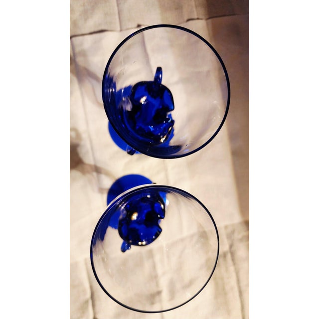 1970s Cobalt Blue Jellyfish Stem Art Glass Wine Goblets Hand Blown Jozefina Krosno - a Pair For Sale - Image 4 of 5