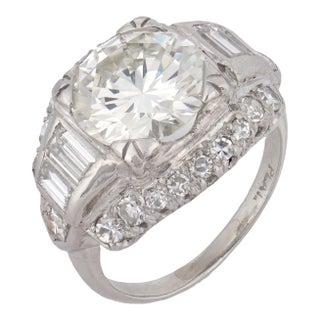 1930s Art Deco Gia 3.25 Carat Round Brilliant Diamond Platinum Ring, Size 5.25 For Sale