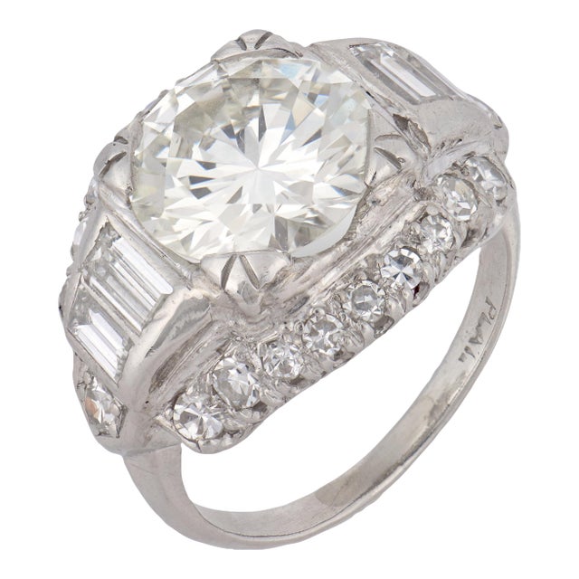 1930s Art Deco Gia 3.25 Carat Round Brilliant Diamond Platinum Ring, Size 5.25 For Sale