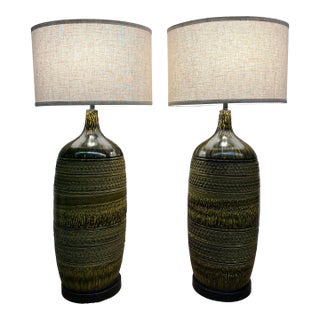 1950s Bitossi Large Vintage Green Textured Lamps Pair For Sale