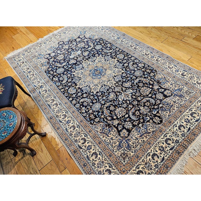 Textile Vintage Persian Nain Area Rug, Hand-Knotted Wool & Silk, Floral Pattern, 7x11, Navy & Ivory For Sale - Image 7 of 17