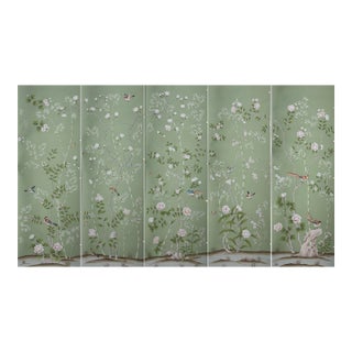 Chinoiserie Hand-Painted Wallpaper Panels, Soft Sage Green Background With Floral & Bird Mural, Set of 5 For Sale