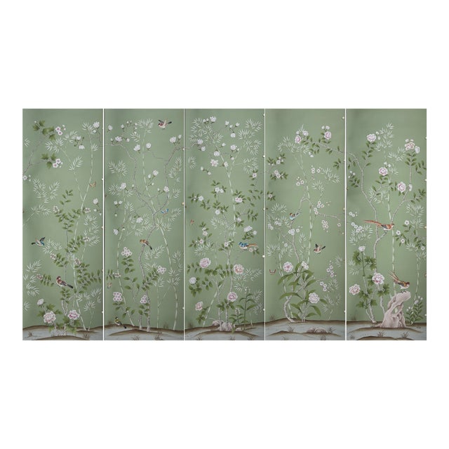 Chinoiserie Hand-Painted Wallpaper Panels, Soft Sage Green Background With Floral & Bird Mural, Set of 5 For Sale