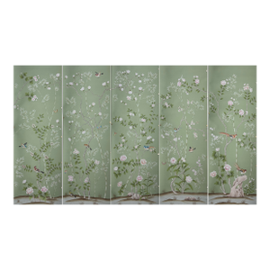 Chinoiserie Hand-Painted Wallpaper Panels, Soft Sage Green Background With Floral & Bird Mural, Set of 5