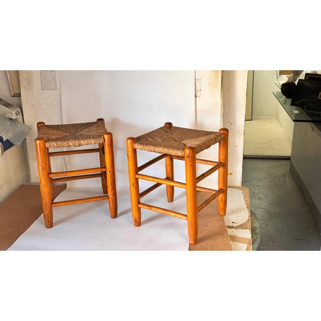 Wood French Wood and Woven Straw Stools in the style of Charlotte Perriand, 1950s, Set of 2 For Sale - Image 7 of 16