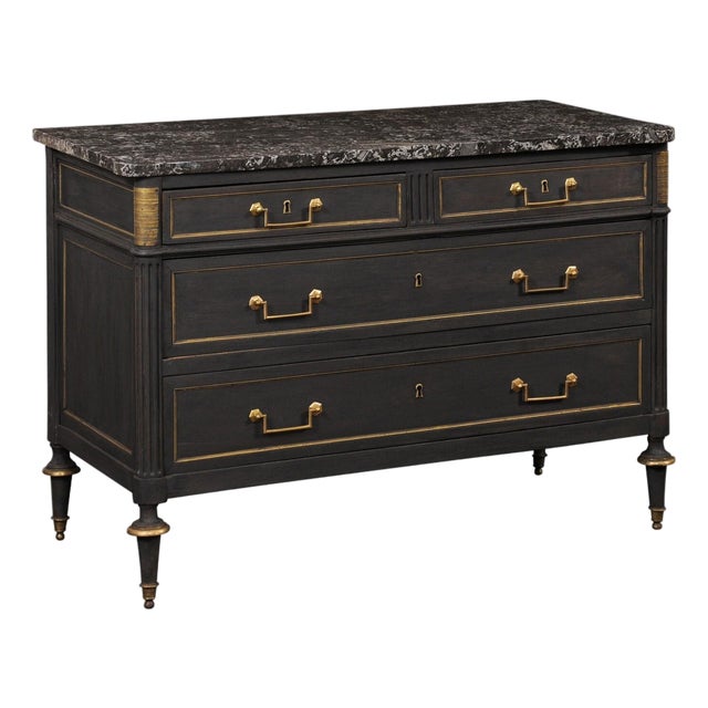 19th Century French Neoclassic Commode W/ Marble Top & Brass Pulls For Sale