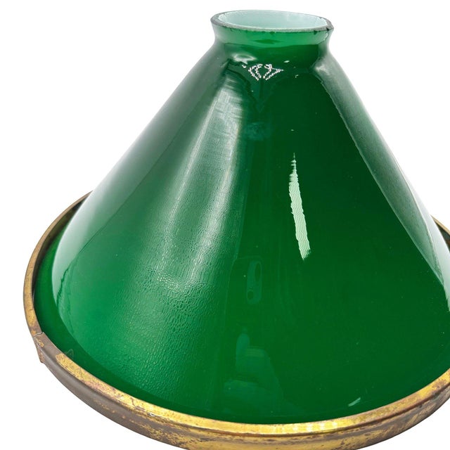 1920s Deco Banker/Poker Ceiling Light W/ 11" Brass Rim Green Glass Shade, 5 Available For Sale - Image 10 of 13