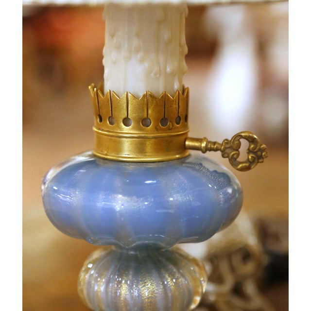Pair of Mid-Century Italian Murano Blue Art Glass Table Lamps With Custom Shades For Sale In Dallas - Image 6 of 8