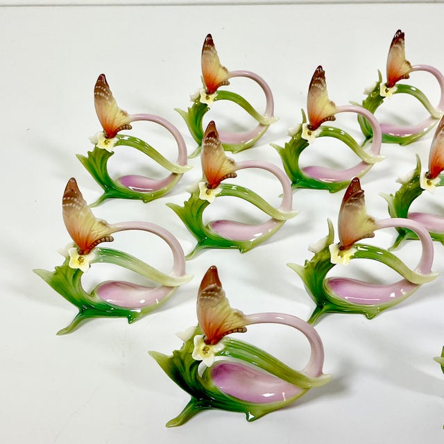 Vintage Minimalist Japanese Hollywood Regency Majolica Butterfly Flora Porcelain Napkin Rings - Set of 12 For Sale - Image 6 of 18
