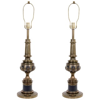 Gold Brass and Black Table Lamps, Pair For Sale