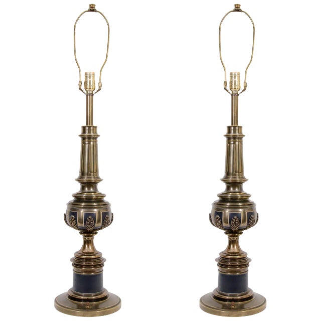 Gold Brass and Black Table Lamps, Pair For Sale