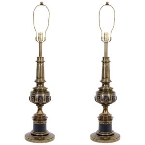 Gold Brass and Black Table Lamps, Pair