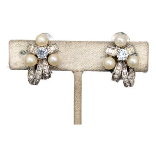 Vintage Pennino Rhodium Plated Clear Rhinestone & Faux-Pearl Clip Earrings-2 Pieces For Sale