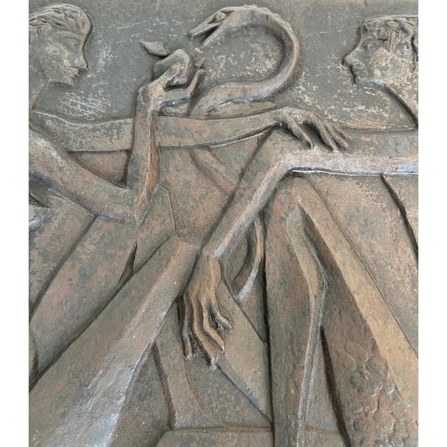 Metal Modernist fireback depicting Adam and Eve, the apple and the serpent For Sale - Image 7 of 12