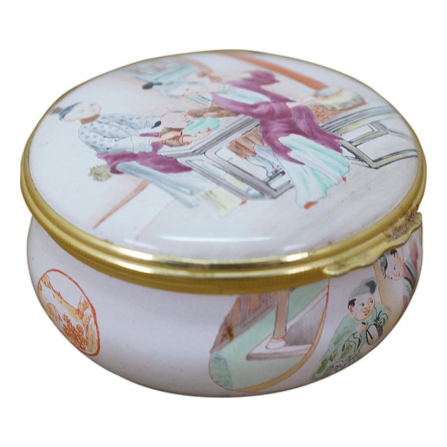 Mid 20th Century Halcyon Days England Chinese Chinoiserie Enamel Keepsake Box 2.5" For Sale